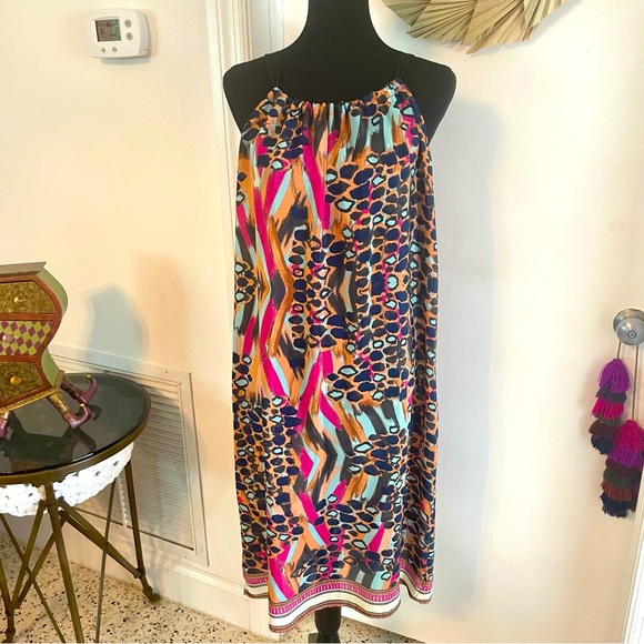 G L A M Dresses & Skirts - GLAM Silk Print Shift Dress! Animal Print! Black neck tie. Great condition. Lg